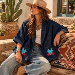 Vintage 90s Native American Designs Womens Blue Open Front Kimono Denim Suede Ja